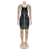 Fashionable Women's Solid Color Mesh Beaded Straps Tassels Bodycon Dress