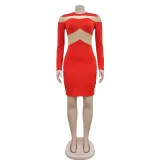 Fashion Women's Solid Color Long Sleeve Round Neck Mesh Patchwork Bodycon Dress