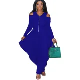 Women's Solid Color Cutout Long Sleeve Fashionable Loose Jumpsuit