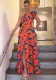 Spring Summer One Shoulder Low Back Chic Printed High Waist Long Dress