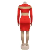 Fashion Women's Solid Color Long Sleeve Round Neck Mesh Patchwork Bodycon Dress
