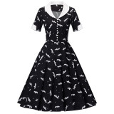Halloween Witch Bat Print Short Sleeve Button Black And White Turndown Collar Retro A-Line Swing Dress