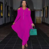 Women's Solid Color Cutout Long Sleeve Fashionable Loose Jumpsuit