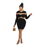 Fashion Women's Solid Color Long Sleeve Round Neck Mesh Patchwork Bodycon Dress