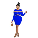 Fashion Women's Solid Color Long Sleeve Round Neck Mesh Patchwork Bodycon Dress