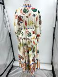 Autumn Single-Breasted Graffiti Print Belt Long Sleeve Casual Shirt Dress