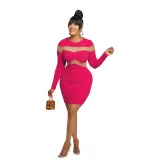 Fashion Women's Solid Color Long Sleeve Round Neck Mesh Patchwork Bodycon Dress