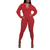 Autumn And Winter Women's V-Neck Long Sleeves Tight Fitting Patchwork Jumpsuit