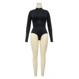 Fashion Women's Long Sleeve Slim Waist Bodysuit Pu Skirt Two Piece Set