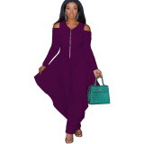 Women's Solid Color Cutout Long Sleeve Fashionable Loose Jumpsuit