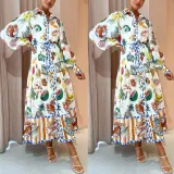 Autumn Single-Breasted Graffiti Print Belt Long Sleeve Casual Shirt Dress