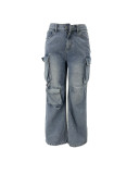 Women's Loose Multi-Pocket Ripped Straight Denim Cargo Pants