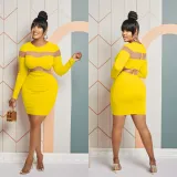 Fashion Women's Solid Color Long Sleeve Round Neck Mesh Patchwork Bodycon Dress