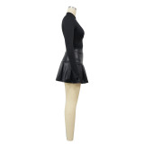 Fashion Women's Long Sleeve Slim Waist Bodysuit Pu Skirt Two Piece Set