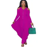 Women's Solid Color Cutout Long Sleeve Fashionable Loose Jumpsuit