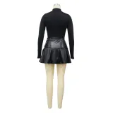 Fashion Women's Long Sleeve Slim Waist Bodysuit Pu Skirt Two Piece Set