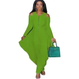 Women's Solid Color Cutout Long Sleeve Fashionable Loose Jumpsuit