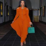 Women's Solid Color Cutout Long Sleeve Fashionable Loose Jumpsuit