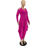 Women's Solid Color Cutout Long Sleeve Fashionable Loose Jumpsuit