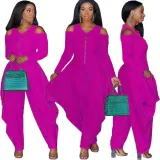 Women's Solid Color Cutout Long Sleeve Fashionable Loose Jumpsuit