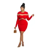Fashion Women's Solid Color Long Sleeve Round Neck Mesh Patchwork Bodycon Dress
