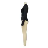Fashion Women's Long Sleeve Slim Waist Bodysuit Pu Skirt Two Piece Set