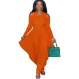 Women's Solid Color Cutout Long Sleeve Fashionable Loose Jumpsuit