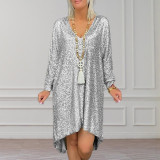 Autumn Short-Sleeved Casual Solid Color Loose Pullover Sequined V-Neck Long Dress