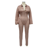 Autumn And Winter Women's V-Neck Long Sleeves Tight Fitting Patchwork Jumpsuit