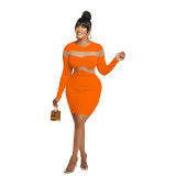 Fashion Women's Solid Color Long Sleeve Round Neck Mesh Patchwork Bodycon Dress