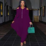 Women's Solid Color Cutout Long Sleeve Fashionable Loose Jumpsuit