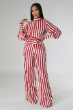 Women's Striped Printed Long-Sleeved Top Loose Wide-Leg Pants Two-Piece Set
