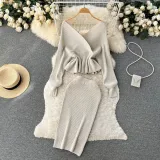 Autumn And Winter Style Suit For Women V-Neck Ruffled Short Knitting Shirt Bodycon Skirt Two-Piece Set