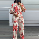 Sexy Printed Turndown Collar Long Sleeve Tp And Wide Leg Pants Two Piece Set