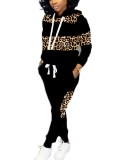 Women Casual Long Sleeve Leopard Patchwork Top and Pants Two-piece Set
