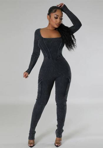 Fashion Women's Autumn And Winter Sexy Low Back Pocket Tight Fitting Jumpsuit