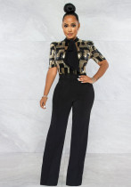 sexy plaid sequins patchwork short sleeve forma jumpsuit