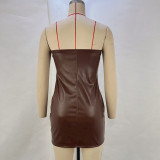 Women Strapless PU-Leather Zippered Winter Bodycon Dress