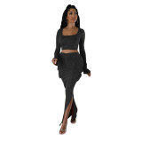 Fashionable Women's Ribbed Printed Long Sleeve Side Pockets Slit Two Piece Skirt Set