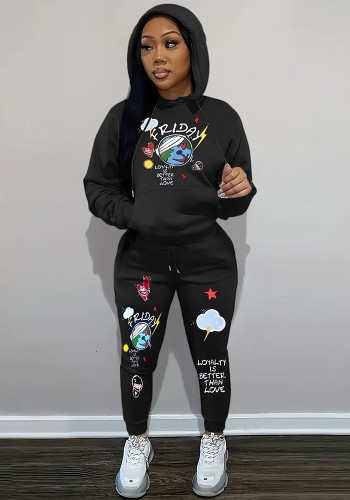 Women Autumn and Winter Velvet Printed Hoodies and Pant Two-piece Set