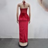 Fashion Women's Solid Color Mesh Straps Slit Long Dress