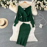 Autumn And Winter Style Suit For Women V-Neck Ruffled Short Knitting Shirt Bodycon Skirt Two-Piece Set