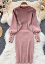 Sexy Puff Sleeves Slim Elastic Knitting Dress For Women