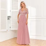 Women's Elegant Short Sleeve Sequin Patchwork V-Neck A-Line Evening Gown