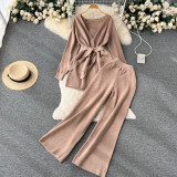 Women autumn lace-up long-sleeved knitting cardigan jacket and loose wide-leg pants two-piece set