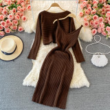Women retro chic knittingv collar Top and Bodycon Dress two-piece set