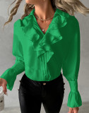 Autumn Fashion Ruffled Long Sleeve V-Neck Solid Color Women's Shirt
