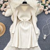 Knitting Dress Women's Autumn And Winter Chic Slim Waist Slim Fit Chic Turndown Collar Sweater Dress