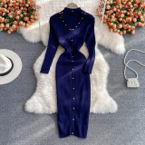 Long-Sleeved Halter Neck V-Neck Stretch Knitting Dress Autumn And Winter Chic Tight Fitting Bodycon Basic Long Dress