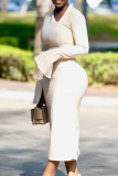 Spring And Autumn White Long Sleeve Solid Color Long Bodycon Dress
